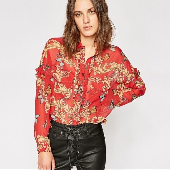 The Kooples Royal Butterfly 100% Silk Sheer Gold Bold Print Boxy Blouse XS - Picture 2 of 8